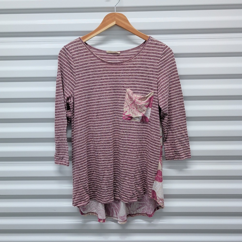 Entro Womens Mixed Media Top Medium Cotton Blend Maroon Striped Floral Boho 3/4 — photo 2